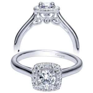 Taryn TE98708W44JJ 14 karat white gold engagement ring, profile and front views of a round center in a cushion halo over a bezel set gallery accent