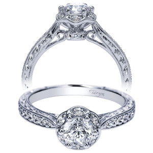 Taryn TE98714W44JJ 14 karat white gold engagement ring, front and profile views of a round center in a floral milgrain halo above engraved pave shoulders