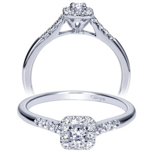 Taryn TE98724W44JJ 14 karat white gold engagement ring, front and profile views of a round center in a square halo with fine pave tapered shoulders