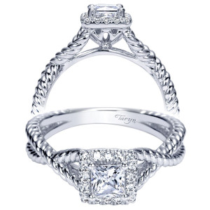 Taryn TE98731W44JJ 14 karat white gold engagement ring, front and profile views of a princess center in a square halo on a twisted rope shank