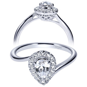 Taryn TE98999W44JJ 14 karat white gold engagement ring, front and profile views of a pear center in a matching halo on a plain swirling shank