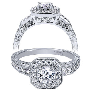 Taryn TE99065W44JJ 14 karat white gold engagement ring, front and profile views of a round center in a cut corner halo over square cut shoulder stones