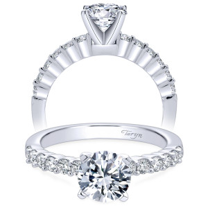 Taryn TE6874W44JJ 14 karat white gold engagement ring, front and profile views of a four prong round center with shared prong rounds along the shank