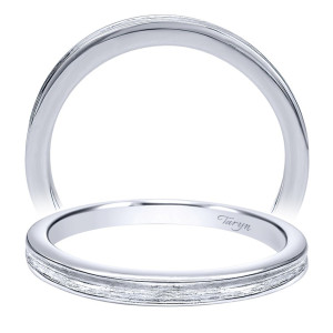 Taryn TW10091W4JJJ 14 karat white gold wedding band, two views of a brushed textured center stripe framed by polished rounded edges, no stones