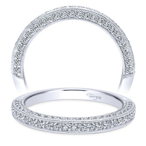 Taryn TW10104W44JJ 14 karat white gold wedding band, two views of a domed curve with a milgrain framed center pave row and matching side rows