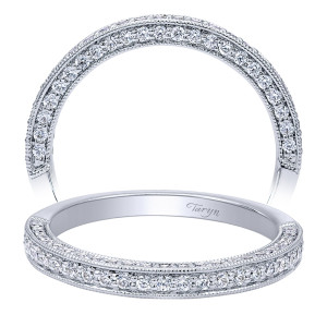Taryn TW10105W44JJ 14 karat white gold wedding band, two views of a raised center rail of pave flanked by milgrain ridges and side stone rows