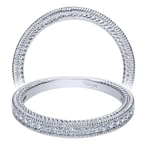 Taryn TW10113W44JJ 14 karat white gold wedding band, two views of twin rope ridges over the top with a single pave row beneath