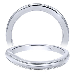 Taryn TW10260W4JJJ 14 karat white gold wedding band, two views of a wide polished dome outlined by a single beaded line on each flank