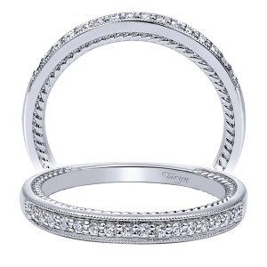 Taryn TW10264W44JJ 14 karat white gold wedding band, two views of one milgrain framed row of rounds over rope twisted side walls
