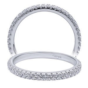 Taryn TW10283W44JJ 14 karat white gold wedding band, two views of a single shared prong row of rounds over a plain polished rail