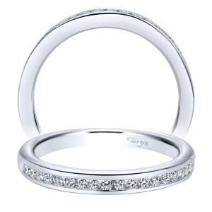 Taryn TW10286W44JJ 14 karat white gold wedding band, two views of a channel row of rounds recessed between smooth flat rails, plain sides