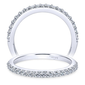 Taryn TW10287W44JJ 14 karat white gold wedding band, two views of larger rounds in a shared prong row above a squared flat rail