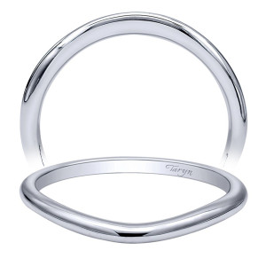 Taryn TW10498W4JJJ 14 karat white gold wedding band, front view of a plain polished curve, shallow dip and a smooth half round surface