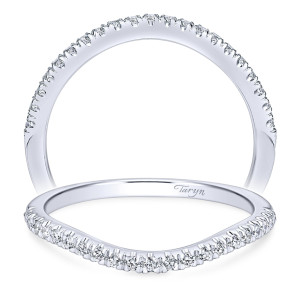 Taryn TW10751W44JJ 14 karat white gold wedding band, front view of a shallow dipped curve, pave row ending at plain polished upper shoulders