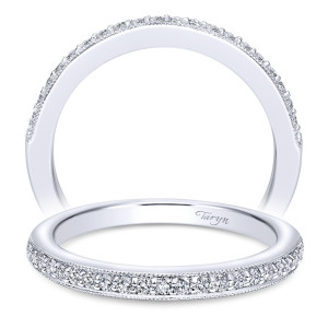 Taryn TW10794W44JJ 14 karat white gold wedding band, front and tilted views of a pave row edged with fine milgrain along both rims
