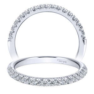 Taryn TW10909W44JJ 14 karat white gold wedding band, front and tilted views of a prong set row of evenly sized rounds reaching halfway around