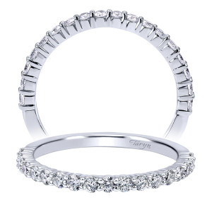 Taryn TW11737R6W44JJ 14 karat white gold wedding band, front and tilted views of rounds held by tall shared prongs along an open airy row