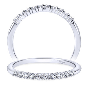 Taryn TW11752R4W44JJ 14 karat white gold wedding band, paired views of shared prong rounds reaching down each shoulder above a tapered polished rim