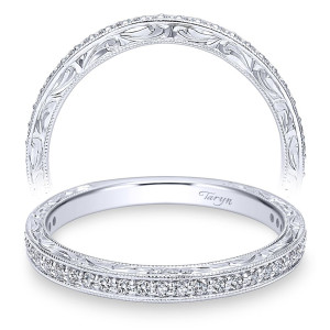 Taryn TW11793S4W44JJ 14 karat white gold wedding band, front and upright views of scrolled engraving beside a milgrain framed pave row along the rim