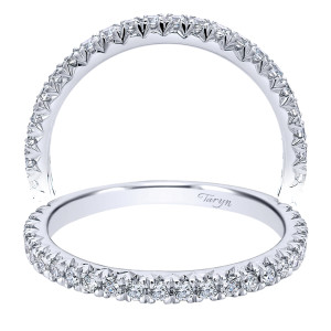 Taryn TW11985R6W83JJ 18 karat white gold wedding band, two views of fine micropave with pointed prongs wrapping most of a curved slender rim