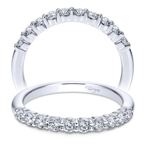 Taryn TW12092R8W44JJ 14 karat white gold wedding band, front and upright views of large rounds between flat bar prongs above plain polished shoulders