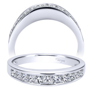 Taryn TW1737W44JJ 14 karat white gold wedding band, angled view of smaller square cut stones set edge to edge along a narrower flat rail