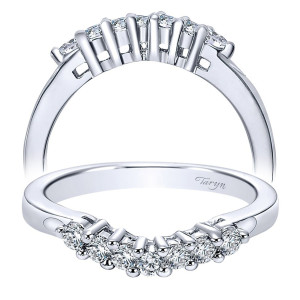 Taryn TW3691W44JJ 14 karat white gold wedding band, angled view of a curved row of rounds separated by upright bars over an open gallery