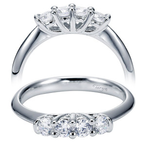 Taryn TW3942W44JJ 14 karat white gold wedding band, front view of four rounds in shared prongs on a slender plain shank without side stones
