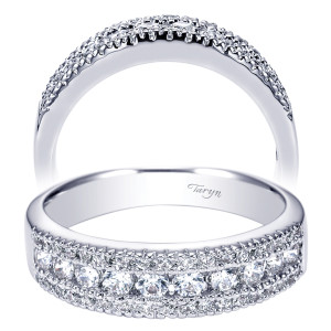 Taryn TW3952W44JJ 14 karat white gold wedding band, front view of a center row of larger rounds framed by two finer pave rows