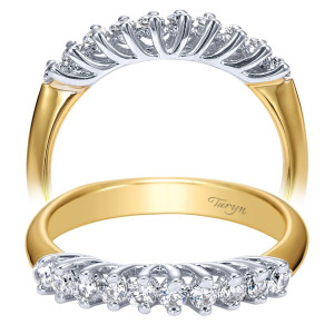 Taryn TW3959Y44JJ 14 karat yellow gold wedding band, front view of rounds under arched looping prongs rising from a plain polished shank