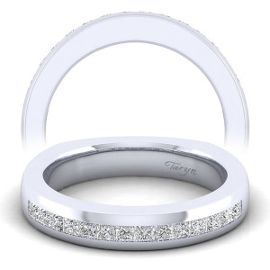 Taryn TW3965W44JJ 14 karat white gold wedding band, angled view of square stones in a flush channel along a flat sided tapering rail