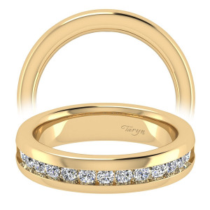 Taryn TW3986Y44JJ 14 karat yellow gold wedding band, angled view of round stones filling a channel partway around a smoothly rounded rail