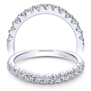 Taryn TW4020W44JJ 14 karat white gold wedding band, angled view of rounds in scalloped shared prongs following a softly dipped outer curve
