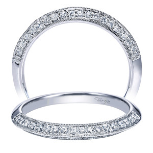 Taryn TW4027W44JJ 14 karat white gold wedding band, angled view of a curved rail with one pave row along the ridge between milgrain edges