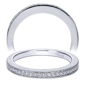 Taryn TW4032W44JJ 14 karat white gold wedding band, angled view of a slim straight rail with one bead set row between fine milgrain rims