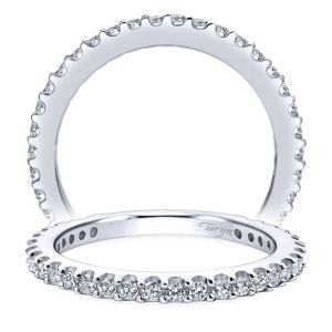 Taryn TW4124W44JJ 14 karat white gold wedding band, angled view of evenly matched rounds in shared prongs running unbroken around a slim rail