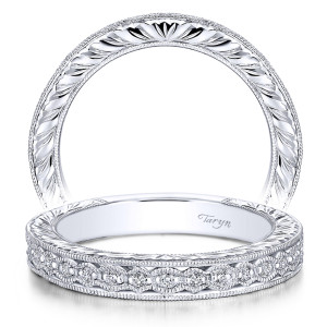 Taryn TW4127W44JJ 14 karat white gold wedding band, two views of hand engraved sides with milgrain edged scalloped bezels holding small round stones