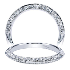 Taryn TW4148W44JJ 14 karat white gold wedding band, two views of two pave rows meeting at a raised ridge between fine milgrain edges