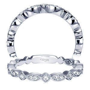 Taryn TW4169W44JJ 14 karat white gold wedding band, two views of alternating marquise and kite shaped milgrain stations holding small round stones