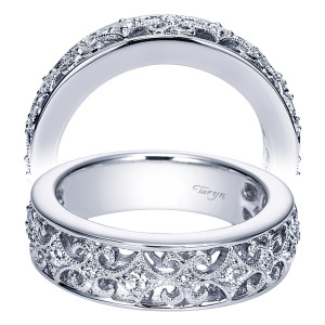 Taryn TW4174W44JJ 14 karat white gold wedding band, two views of openwork scrolls with larger rounds spaced evenly along the center of the face