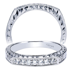 Taryn TW4177W44JJ 14 karat white gold wedding band, two views of a squared outline with engraved wheat sides above a milgrain framed row of rounds
