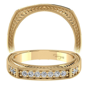 Taryn TW4177Y44JJ 14 karat yellow gold wedding band, two views of hand engraved leaf work around a squared profile above one bead framed row