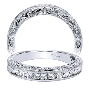 Taryn TW4178W44JJ 14 karat white gold wedding band, two views of a channel row of rounds bordered by engraved scroll rails and milgrain edges
