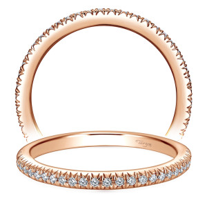 Taryn TW4181K44JJ 14 karat rose gold wedding band, two views of a narrow profile with fine pave rounds reaching halfway around under pointed prongs