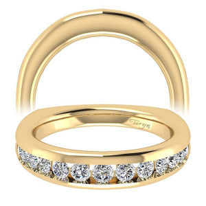 Taryn TW4182Y44JJ 14 karat yellow gold wedding band, two views of one channel row running along the lower edge beneath a polished domed rail