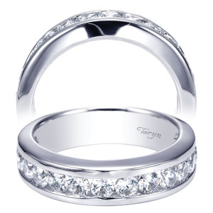 Taryn TW4188W44JJ 14 karat white gold wedding band, two views of a broad plain rail over a deep channel of large closely set rounds