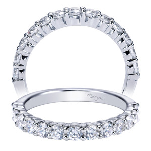 Taryn TW4234W44JJ 14 karat white gold wedding band, two views of a row of larger rounds held in rounded shared prongs past halfway around
