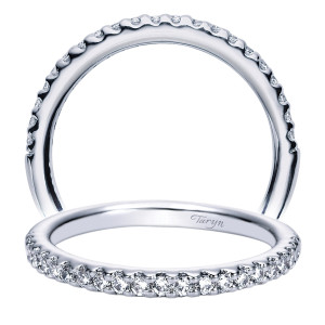 Taryn TW4244W44JJ 14 karat white gold wedding band, two views of a thin flat profile edged by one scalloped row of small rounds
