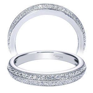 Taryn TW4310W44JJ 14 karat white gold wedding band, two views of a domed crown covered by milgrain bordered pave rows on every face