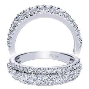 Taryn TW5260W44JJ 14 karat white gold wedding band, two views of a domed face with a larger center row of rounds between finer pave rows